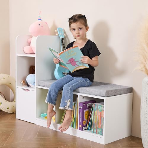 Image of LEZASTAR Kids Reading Nook with Storage, Kids Bookshelf with Bench, Wooden kids Toy Storage Organizer, Kids Bookcase with Seat Cushion for Bedroom, Playroom, Nursery, White, X-Large