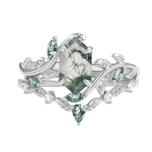 1.5 Carat Moss Agate Wedding Ring Set for Women - Hexagon Cut Moss Agate Bridal Sets Wedding Rings White Yellow Rose 10K 14K 18K Gold Art Deco Proposal Anniversary Promise Ring Set