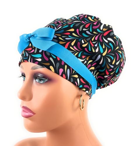 European Style Scrub Cap - (Grossgrain Ribbon) - Bold Blooms - Droplet Cascade - Black - Scrub Hat for Women/Men/Nurses Hats/Dr. Hats