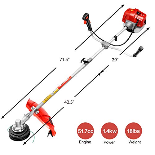 HUYOSEN 51.7CC Grass String Trimmers Gas Straight Shaft Brush Cutter Gasoline Powered Grass Weed Trimmer Straight Shaft Gas Weeder Eater Cutter（Red）