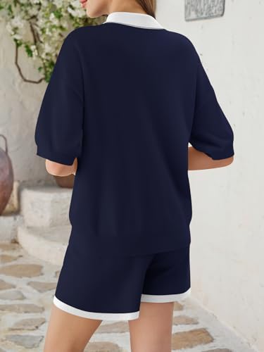 Image of Tankaneo Womens 2 Piece Short Sets Short Sleeve Knit Tops Vacation Outfits | Sweater Fabric, 2026 Summer, Collared, Matching Lounge Set