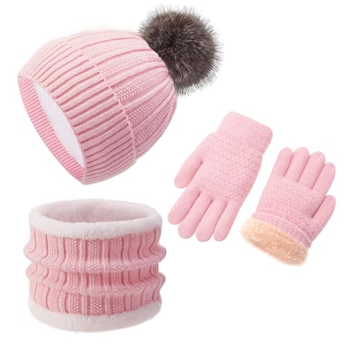 Image of Kids Winter Beanie Hat Gloves Scarf Set 1-10 Years Old Girls Boys Mittens Knit Neck Warmer Warm Fleece lining