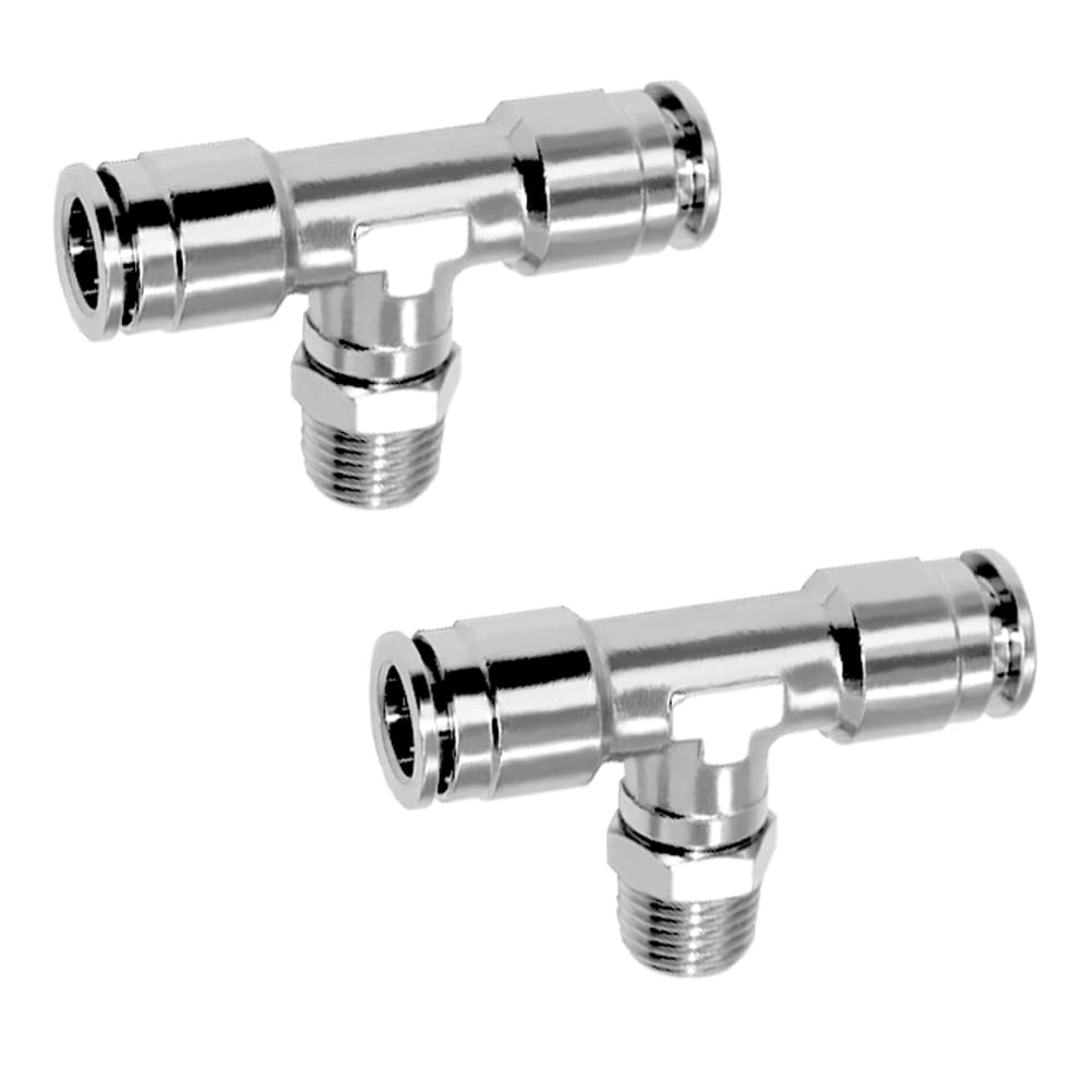Beduan Push to Connect Tube Fitting Union Tee, Copper Nickle-Plated 1/4" Tube OD x 1/4" NPT Male Thread Shaped Union Adapter Fitting (Pack of 2)