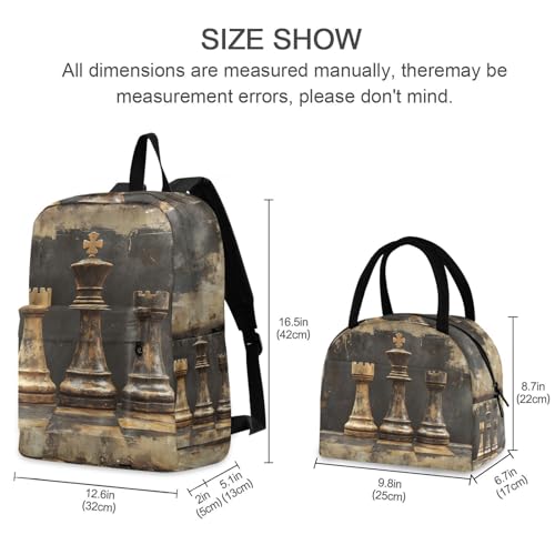 Backpack Lunch Box Set Large Capacity Travel Backpacks and Insulated Lunch Bag for Commute Hiking Picnic Vintage Chess Print2