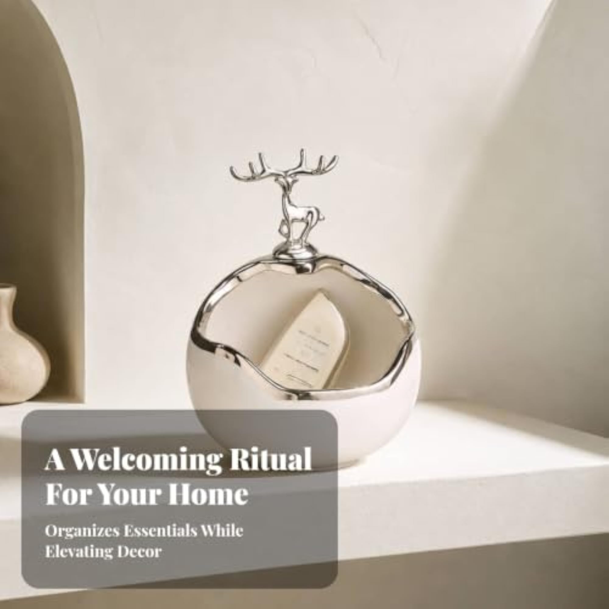 Ceramic Catchall Ornament, Silver Fortune Deer Design