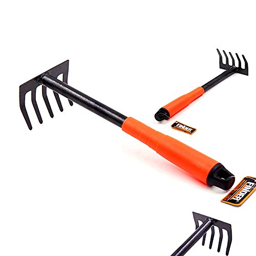 Finder Garden Hand Rake, Steel Garden Cultivator Tools Portable Black and Orange Small Rake with Anti-Rust Comfortable Handle and 5 Tines, Mini Flower Rake 290mm for Planting