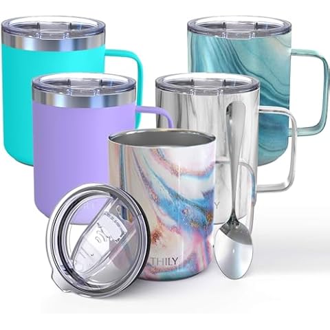 THILY Stainless Steel Insulated Coffee Mug 12 oz Vacuum Insulated Coffee Cup with Handle, Spill-Proof Lid, Keep Coffee Cold, Pink Ripple Cover