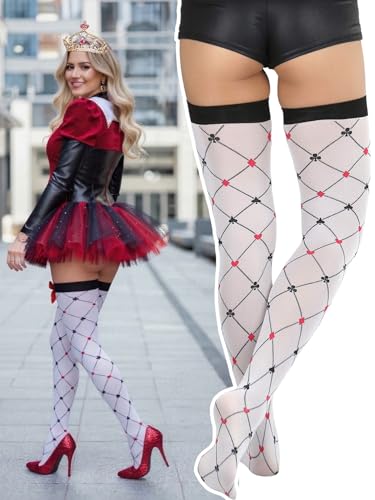 Image of ToBeInStyle Women's Harlequin Jester Thigh High Stockings Playing Card Checkered Opaque Halloween Costume Hosiery