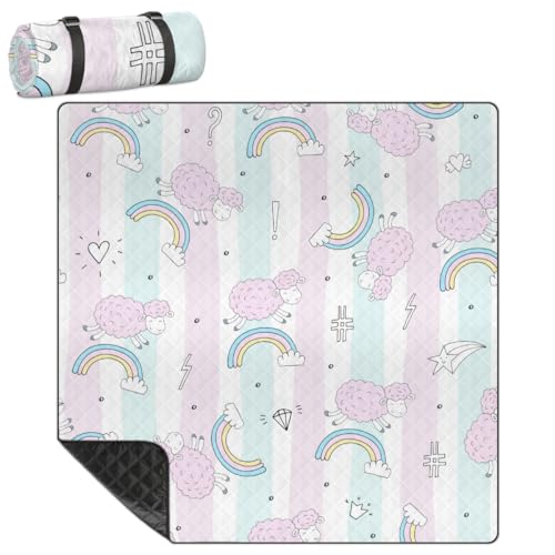 Shimoshe Extra Large Picnic Blankets 79”x 79”, Rainbow Sheep Waterproof Foldable Picnic Mat with Straps Portable Beach Blanket for Camping Park Grass Beach Indoor