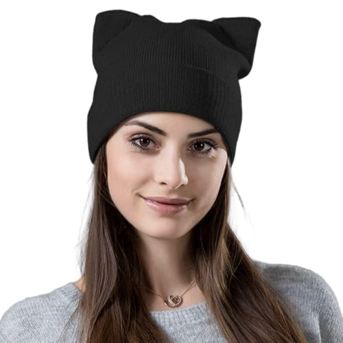 Gorro con Elemento De Orejas De Gato Negro De 1 Pieza, Bonito Gorro De Punto, Gorro Cálido para Mujer, Gorro De Otoño E Invierno, Gorro Versátil para Exteriores