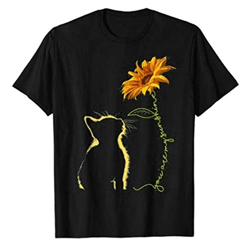 Women Sunflower Print Casual Short Sleeve Cat Print T-Shirt Blouse Tops