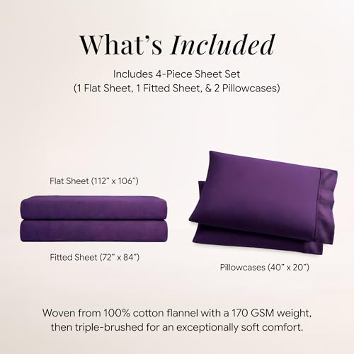 Image of Tribeca Living Triple Brushed Soft Cotton Flannel Sheets Set, Cal King Size 170-GSM Weight Extra Deep Pocket Sheet in Solid Purple Color