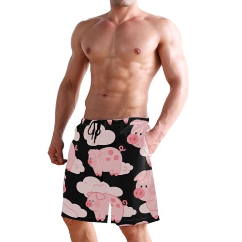 Men's Swim Trunks Quick Dry Swimming Shorts with Pocket Pink Pigs Flying Among Clouds Swimsuit Trunks 5
