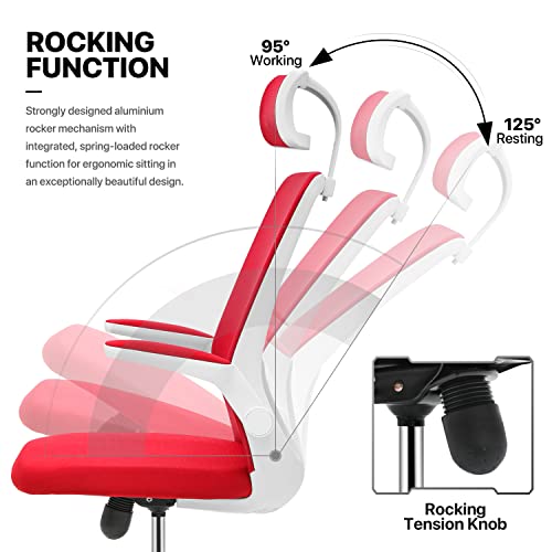 Monibloom Ergonomic Office Chair Lumbar Support, 360 Swivel Breathable Mesh Desk Chair With Headrest And Flip-Up Armrest, 95°-125° Adjustable High Back Ergonomic Desk Chair, 250 Lbs Capacity, Red #TOP4