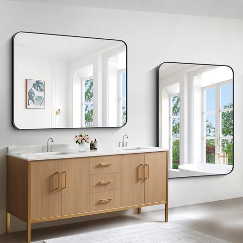 Bathroom Mirror, 48x36 inch Black Rectangle Wall Mirror, Metal Frame Rounded Corner Vanity Mirror, Large Wall Mounted Mirror for Over Sink Bedroom Living Room Horizontal Or Vertical Mounting