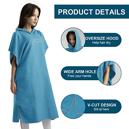 flintronic Handtuch Poncho, 110 * 80cm Mikrofaser Surf, Quick Dry Badeponcho, Lang Umkleidehilfe mit Kapuze für Herren Damen, Ideal zum Strand, Brandung, Sauna -Blau