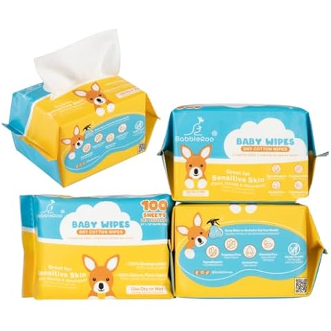 BabbleRoo Dry Wipes for Baby - 100% Plant-Based Cotton Wipes, Hypoallergenic, Fragrance-Free, Chemical-Free, Gentle for Sensitive Skin, Use Wet or Dry for Diaper Changes and Cleanups– 400 Wipes Cover