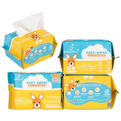 Image of BabbleRoo Dry Wipes for Baby - 100% Plant-Based Cotton Wipes, Hypoallergenic, Fragrance-Free, Chemical-Free, Gentle for Sensitive Skin, Use Wet or Dry for Diaper Changes and Cleanups– 400 Wipes