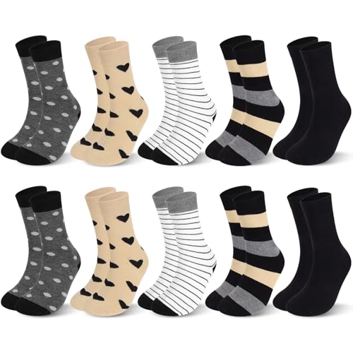 OSDUE Meias femininas de algodão, 10 pares meias desportivas confortáveis para mulher respiráveis meias médias, com estampado de riscas, bolinhas, corações, cor sólida tamanhos 35-38 B