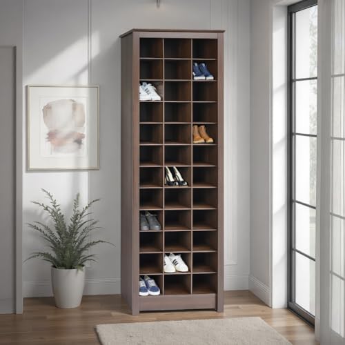 Image of Prepac Elegant Brown Shoe Storage Cabinet, Space-Saving Solution with Cubbies for 36 Pairs, 13 inchD x 23.5 inch W x 72.5 inch H
