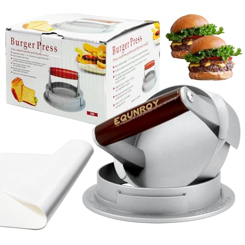 EQUNROY Hamburger Press Patty Maker, 3-in-1 Adjustable Burger Shaper Mold (1/2 lb, 1/3 lb, 1/4 lb) with 10 Parchment Papers, Cast Aluminum Stuffed Burger Ring & Slider Maker, Non-Stick & Easy Clean