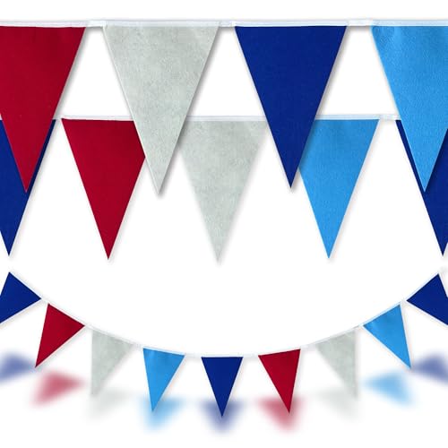 Nautical Party Red, Blue & White Felt Triangle Pennant Banner Garland – Party Decoration Flags for Birthday, Wedding, Outdoor & Carnival Events, 32ft (9" x 6.5" Flags)