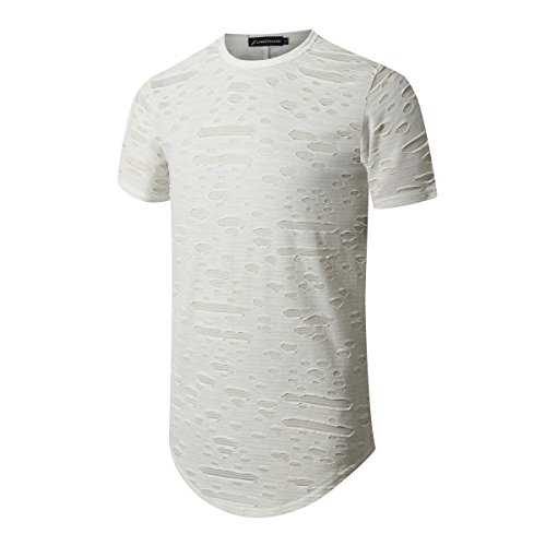 UNRESTRAINED Longline Hip Hop Ripped Fashion Shirts for Men White XL