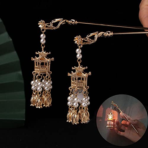 BYBYCD Retro Women Glow Hairpin Alloy Pavilion Pendant Girl Hair Accessories Hanfu Hair Sticks Ancient Style Hairpin Chinese Style Headwear(E Blue Light) - Image 8