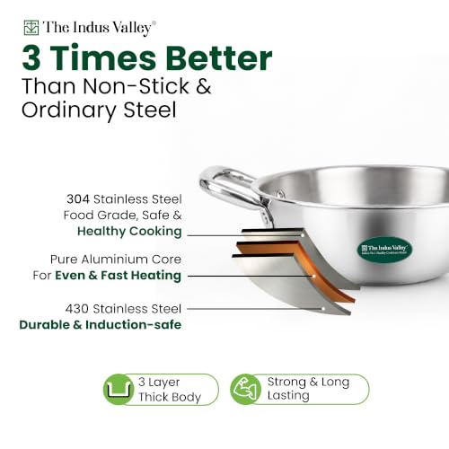 Image of The Indus Valley Tri-Ply Stainless Steel Cookware Combo Set of 3 | 20cm Kadai + 20cm Fry Pan + 14cm Saucepan | 304 Food-Grade Stainless Steel | 3-Layer Thick Body | Induction Compatible