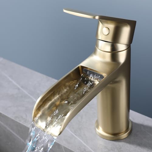Waterfall Basin Mixer Tap Basin Mixer Tap Bathroom Taps Waterfall Mixers Single Lever Brushed Gold Brass Sink Mixer Tap with Hoses - Image 4