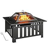 Outsunny Feuerschale 67x67x47cm aus Stahl Feuerstelle mit Funkenschutz Schürhaken Feuerschalen Feuerkorb für Garten, Balkon Terrasse, Outdoor BBQ Camping Schwarz