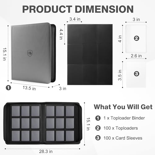 Image of Top Loader Binder 9 Pocket, Holds 360 Toploaders, 100 Toploaders INCLUDED | Toploader Binder for 3 inch x 4 inch Rigid Toploaders, Trading Card Binder for TCG, MTG, Sport Cards, PU Leather Cover, Side Loading