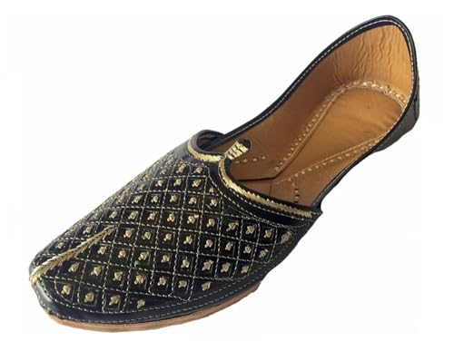 Men's Flat Black Wedding Khussa Shoes Traditional Indian Leather Loafer Punjabi Jutti