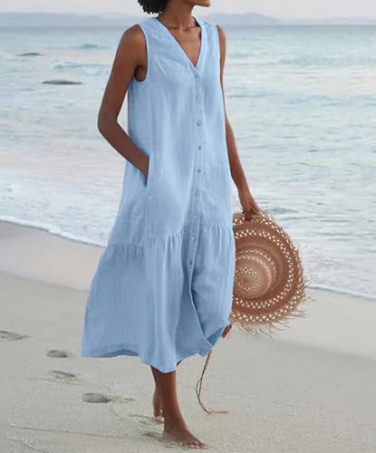 chouyatou Women's Summer Sleeveless Button Down Cotton Tank Dress Loose A-Line Tiered Tunic Beach Dress2