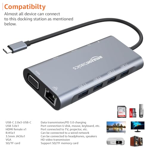 Image of Amazon Basics 11-in-1 USB C HUB Gigabit Ethernet Type-C to HDMI-Compatible VGA 1000M RJ45 PD 100W USB 3.0 HUB Multiport Docking Station Compatible for Laptop Tablet Apple MacBook M1 M2 Chip