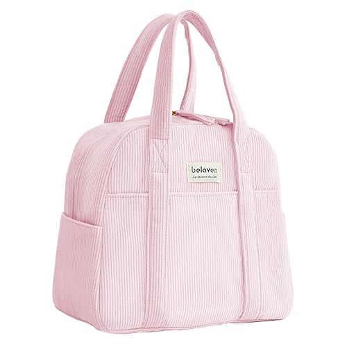 belaven Insulated Lunch Bag for Women, 6-Hour Cold Retention Cooler Tote with Sturdy Handle, 15-Can Spacious Capacity, Leakproof Corduroy Fabric & Aluminum Foil Lining, (Pink)