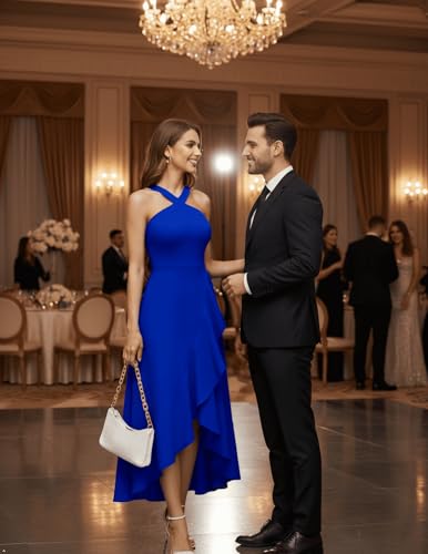 Image of Bbonlinedress Halter Cocktail Women Dresses Prom Formal Wedding Guest Bridesmaid Ruffled Maxi Hi-Lo Evening Party 2026 Dress