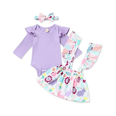 TUEMOS Baby Girl Easter Outfit Solid Color Romper Tops Cute Bunny Suspender Skirt with Headband My First Easter Baby Girl Outfit Cover