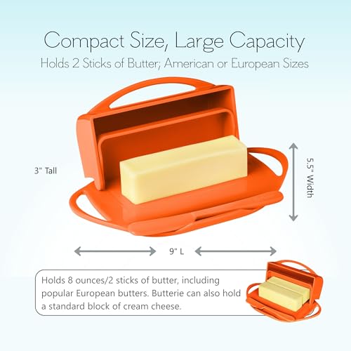 Image of Butterie Flip Top Butter Dish with Attached Lid & Matching Knife - Holds 2 Sticks, Fits Kerrygold /European Butter - BPA Free & Dishwasher Safe - Orange