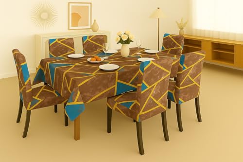 Image of Homerz Premium 6 Seater Dining Table Cloth with 6 Dining Chair Covers,Elastic Fitted Chair Slipcovers, Printed Polycotton Fabric, Table Cloth Size 60x90 inch (Granite)