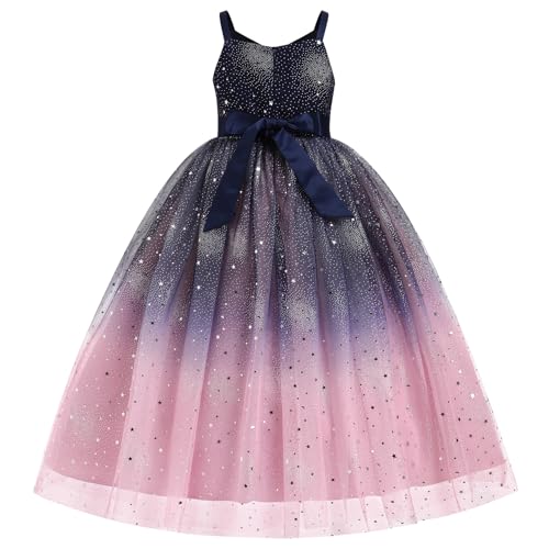 IBTOM CASTLE Flower Girl Embroidery Sparkle Dress for Kids Wedding Bridesmaid Pageant Communion Princess Birthday Party Prom Formal Dance Ball Gown Puffly Tulle Dresses Navy Blue & Pink 3-4T2