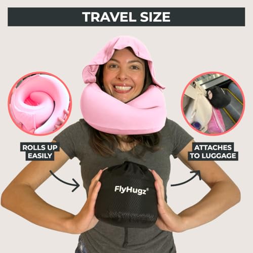 Image of FlyHugz 2.0 Hooded Travel Pillow - 2026 Original Release - Memory Foam Neck Pillow with Adjustable Hood & Premium Elastic Washable Cover - First Class Comfort for Flights, Road Trips & Sleep- Pink