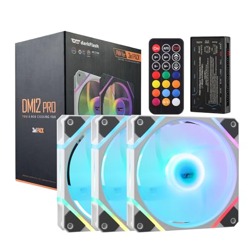darkFlash 3-Pack 120mm PC Case Fans with Controller Hub & Remote, PWM ARGB Sync, Addressable RGB Cooling Fans for Computer Case & High Airflow(DM12PRO) (White)