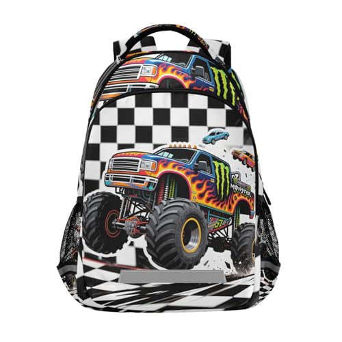 Truck Car Checkered Backpack 3rd 4th 5th Grade School Bookbags Travel Laptop Daypack Bag for Boys Girls