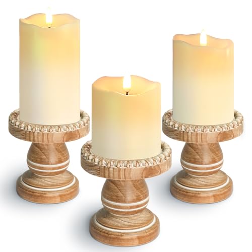 Small Candle Holder for Pillar Candle Set of 3 Farmhouse Wood Candle Holder Rustic Wooden Candle Stand Vintage Candle Stand Decorative for Living Room Table Centerpiece Washed Brown