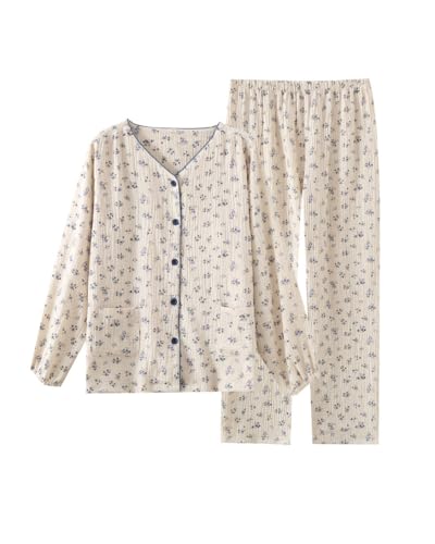 Womens Cotton Gauze Pajama Set Floral Print 2 Piece Pj Set Long Sleeve Fall Sleepwear Cute Pj Sets