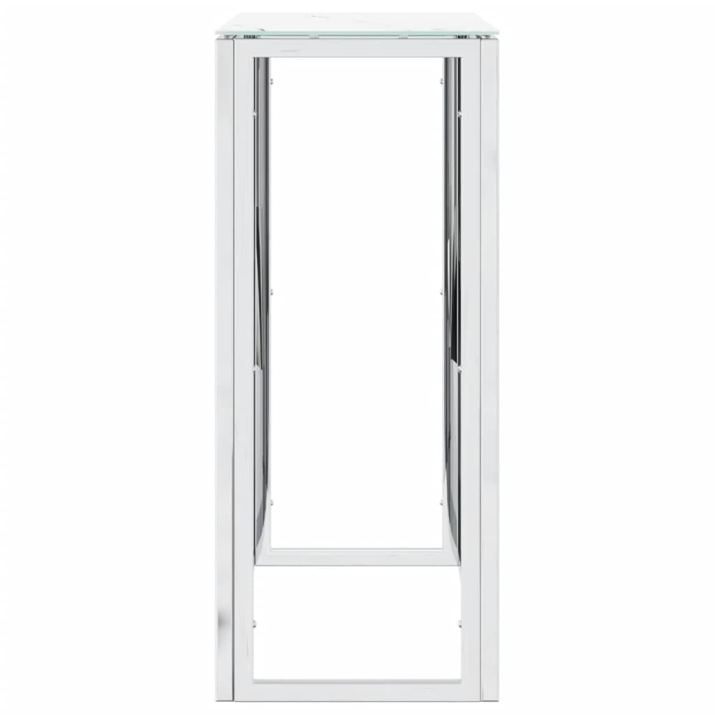 Srebrny stół do konsoli 70 x 30 x 70 cm ze stali nierdzewnej, wąski stolik boczny ze szkła hartowanego, nowoczesny design do salonu przedpokój