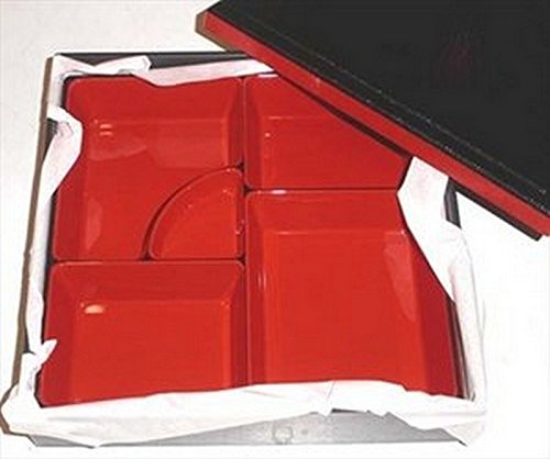 Japanbargain 1923 Red And Black Japanese Traditional Plastic Lacquered Lunch Bento Box 5 Compartments For Restaurant Or Home Tray Plate And Lid 3Pc Set Made In Japan thumb #1
