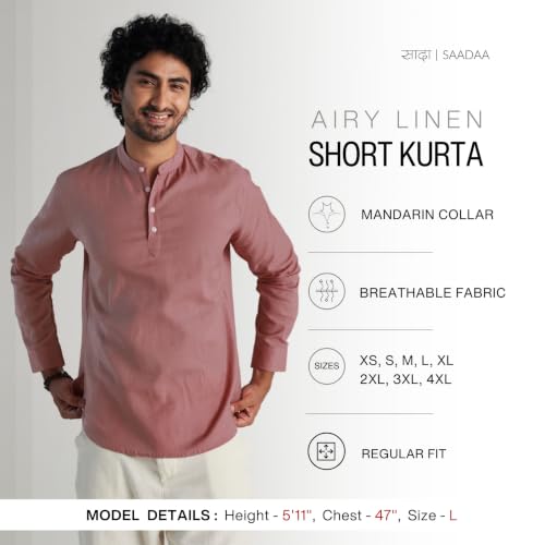 Image of SAADAA Men's Short Kurta - Linen Cotton Blend, Airy Fabric, Regular Fit, Mandarin Collar, Solid Color - Casual, Festive & Ethnic Wear