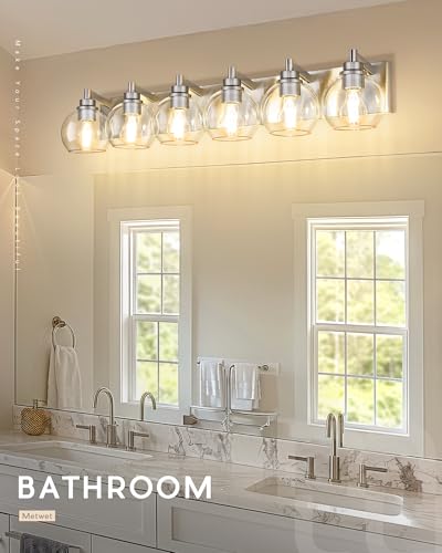 Image of Bathroom Light Fixtures, 6 Light Brushed Nickel Vanity Light, 38 Inch Modern Wall Sconces with Globe Clear Glass Shade, Vanity Lighting Fixtures Over Mirror, VL195-BN-6
